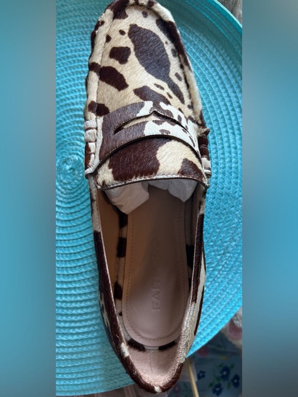FARM Rio Monstera Heel Cow-Print Penny Loafers in Brown & Cream, NIB, Various - Picture 11 of 16